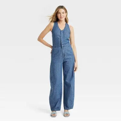 New - Universal Thread Women's Curved Leg Jeans Denim Jumpsuit Overalls, Medium Wash Universal ThreadBullseye Deals