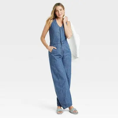 New - Universal Thread Women's Curved Leg Jeans Denim Jumpsuit Overalls, Medium Wash Universal ThreadBullseye Deals