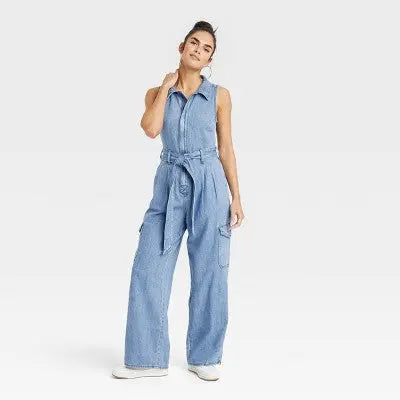 New - Universal Thread Women's Denim Cargo Jumpsuit Sleeveless Overalls Belt Loop Universal ThreadBullseye Deals