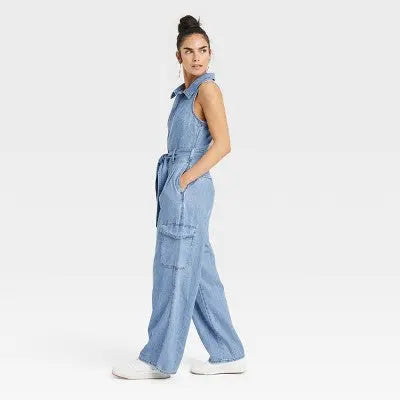 New - Universal Thread Women's Denim Cargo Jumpsuit Sleeveless Overalls Belt Loop Universal ThreadBullseye Deals