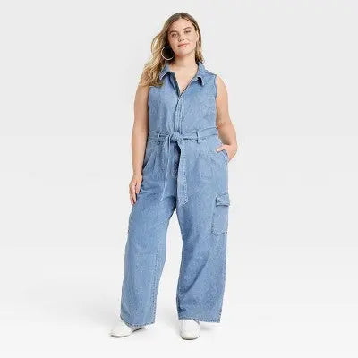 New - Universal Thread Women's Denim Cargo Jumpsuit Sleeveless Overalls Belt Loop Universal ThreadBullseye Deals