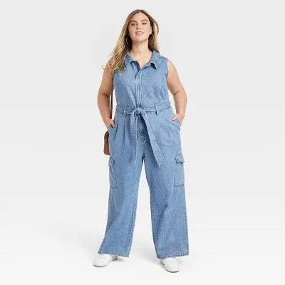 New - Universal Thread Women's Denim Cargo Jumpsuit Sleeveless Overalls Belt Loop Universal ThreadBullseye Deals