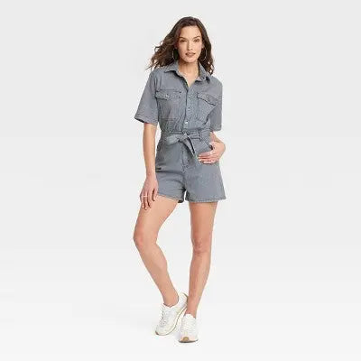 New - Universal Thread Women's Short Sleeve Denim Jumpsuit Collared Rompers Universal ThreadBullseye Deals