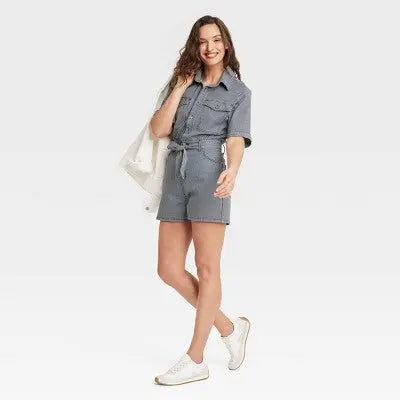 New - Universal Thread Women's Short Sleeve Denim Jumpsuit Collared Rompers Universal ThreadBullseye Deals