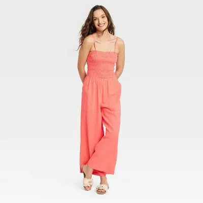 New - Universal Thread Women's Smocked Linen Maxi Jumpsuit Soft Fleece Straight Leg Universal ThreadBullseye Deals
