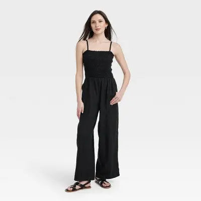 New - Universal Thread Women's Smocked Linen Maxi Jumpsuit Soft Fleece Straight Leg Universal ThreadBullseye Deals