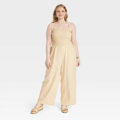 New - Universal Thread Women's Smocked Linen Maxi Jumpsuit Soft Fleece Straight Leg Universal ThreadBullseye Deals