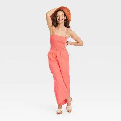 New - Universal Thread Women's Smocked Linen Maxi Jumpsuit Soft Fleece Straight Leg Universal ThreadBullseye Deals