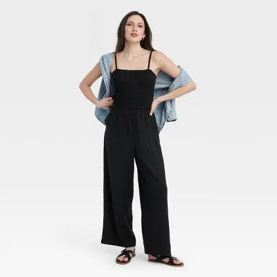 New - Universal Thread Women's Smocked Linen Maxi Jumpsuit Soft Fleece Straight Leg Universal ThreadBullseye Deals