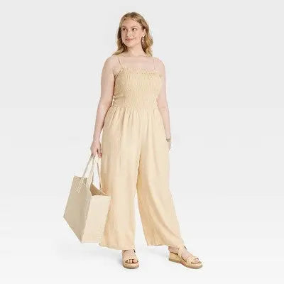 New - Universal Thread Women's Smocked Linen Maxi Jumpsuit Soft Fleece Straight Leg Universal ThreadBullseye Deals