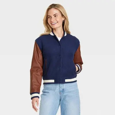 New - Universal Thread Women's Snap Button Winter Faux Leather Varsity Jacket Universal ThreadBullseye Deals