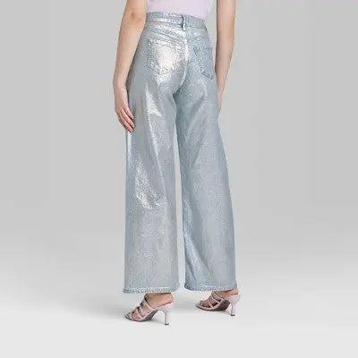 New - Wild Fable Women's High Rise Wide Metallic Relaxed Baggy Jeans Wild FableBullseye Deals