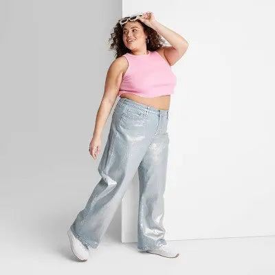 New - Wild Fable Women's High Rise Wide Metallic Relaxed Baggy Jeans Wild FableBullseye Deals
