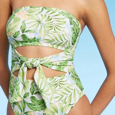 New - Women's Bandeau Tie-Front Cut Out One Piece Swimsuit - Shade & Shore Tropical Print Shade & Shore