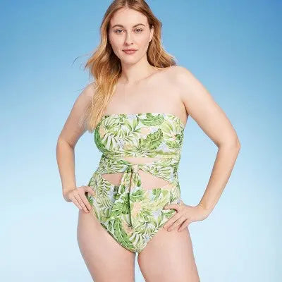 New - Women's Bandeau Tie-Front Cut Out One Piece Swimsuit - Shade & Shore Tropical Print Shade & Shore