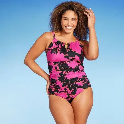 New - Women's High Neck Keyhole One Piece Swimsuit - Aqua Green Floral Print Aqua Green