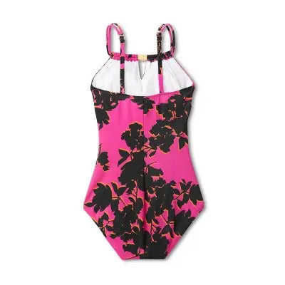 New - Women's High Neck Keyhole One Piece Swimsuit - Aqua Green Floral Print Aqua Green