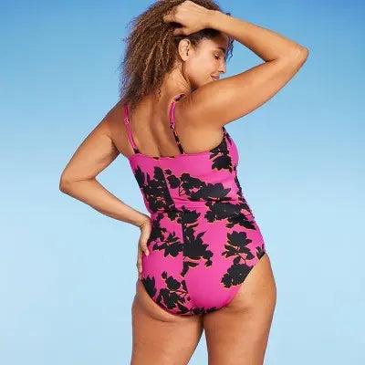 New - Women's High Neck Keyhole One Piece Swimsuit - Aqua Green Floral Print Aqua Green