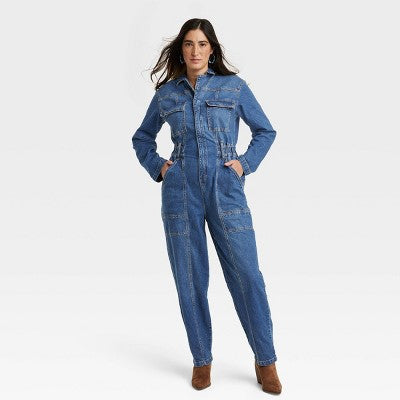 New - Women's Long Sleeve Denim Jumpsuit - Universal Thread Washed Universal Thread