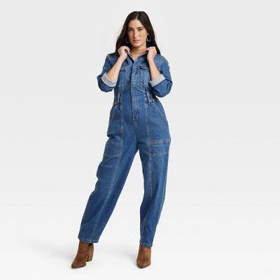 New - Women's Long Sleeve Denim Jumpsuit - Universal Thread Washed Universal Thread