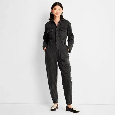 New - Women's Long Sleeve Denim Jumpsuit - Universal Thread Washed Universal ThreadBullseye Deals