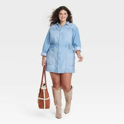 New - Women's Long Sleeve Denim Shirtdress - Universal Thread Light Wash 24 Universal ThreadBullseye Deals