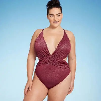 New - Women's Monokini Plunge Cut Out High Leg Lurex One Piece Swimsuit - Shade & Shore Shade & ShoreBullseye Deals