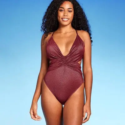 New - Women's Monokini Plunge Cut Out High Leg Lurex One Piece Swimsuit - Shade & Shore Shade & ShoreBullseye Deals