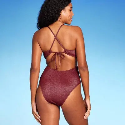 New - Women's Monokini Plunge Cut Out High Leg Lurex One Piece Swimsuit - Shade & Shore Shade & ShoreBullseye Deals