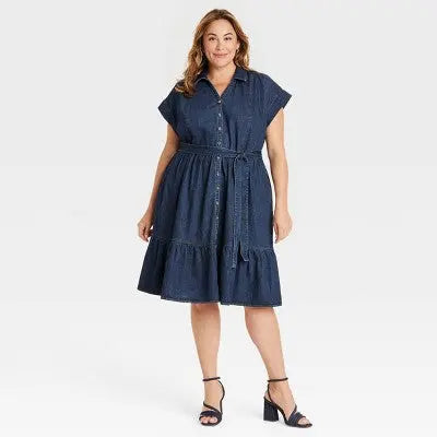 New - Women's Short Sleeve Denim Tiered Midi A-Line Dress - Ava & Viv Ava & VivBullseye Deals