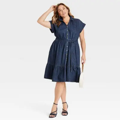 New - Women's Short Sleeve Denim Tiered Midi A-Line Dress - Ava & Viv Ava & VivBullseye Deals