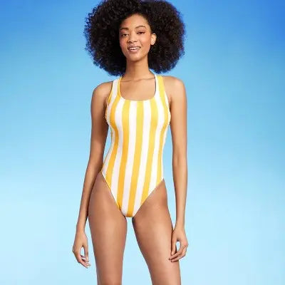 New - Women's Striped Scoop Neck X-Back One Piece Swimsuit - Shade & Shore Shade & ShoreBullseye Deals
