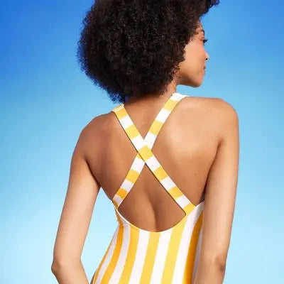New - Women's Striped Scoop Neck X-Back One Piece Swimsuit - Shade & Shore Shade & ShoreBullseye Deals