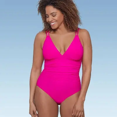 New - Women's UPF 50 V-Neck Shirred One Piece Swimsuit - Aqua Green Aqua GreenBullseye Deals