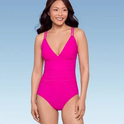 New - Women's UPF 50 V-Neck Shirred One Piece Swimsuit - Aqua Green Aqua GreenBullseye Deals