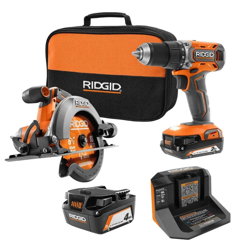 Open Box -  18V Cordless 2-Tool Combo Kit with 2.0 Ah Battery, 4.0 Ah Battery, Charger, and Tool Bag RIDGIDBullseye Deals