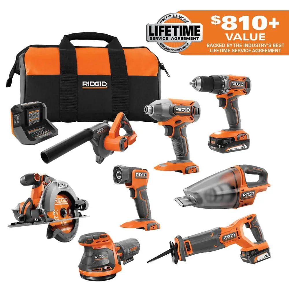 Open Box -  18V Cordless 8-Tool Combo Kit with 2.0 Ah Battery, 4.0 Ah Battery, Charger, and Tool Bag RIDGIDBullseye Deals