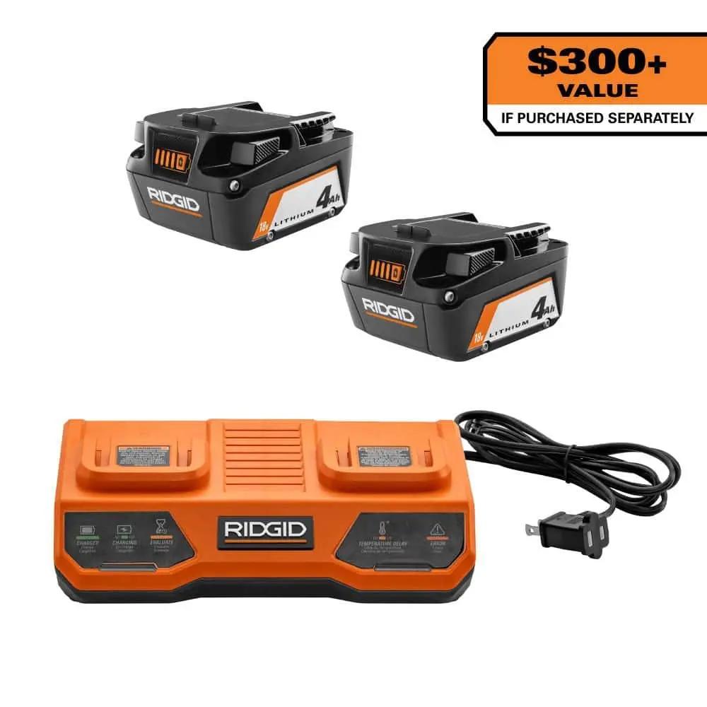 Open Box -  18V Dual Port Simultaneous Charger with 18V 4.0 Ah Lithium-Ion Battery (2-Pack) Special Buy RIDGIDBullseye Deals