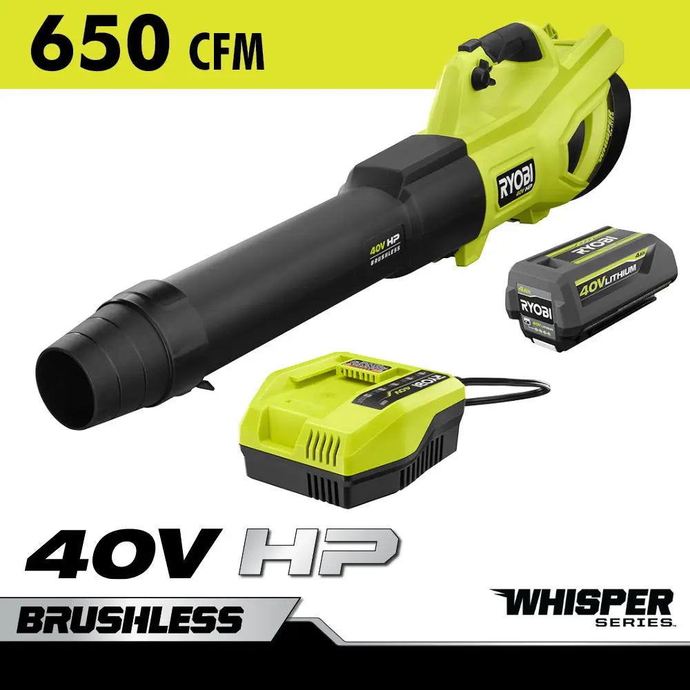 Open Box -  40V HP Brushless Whisper Series 160 MPH 650 CFM Cordless Battery Leaf Blower with 4.0 Ah Battery and Charger RYOBIBullseye Deals