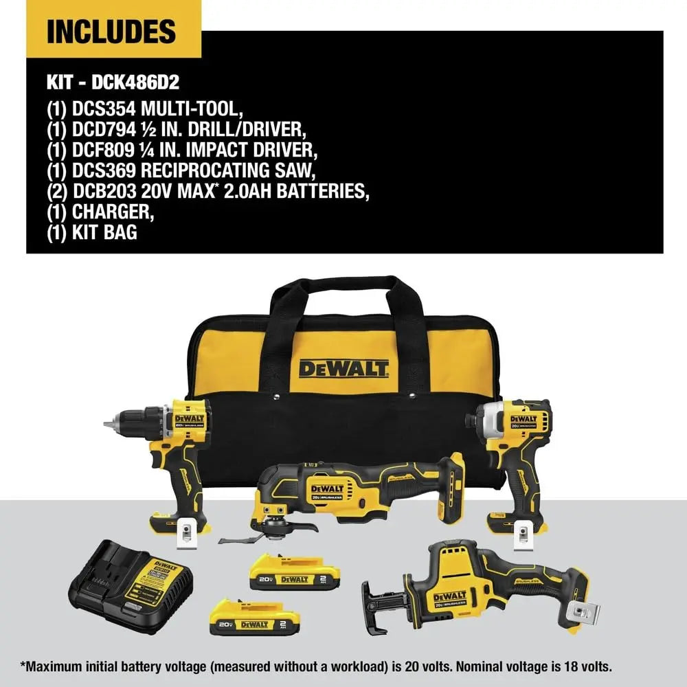 Open Box -  DEWALT 20V MAX ATOMIC Lithium-Ion Cordless Brushless Combo Kit (4-Tool) DEWALTBullseye Deals