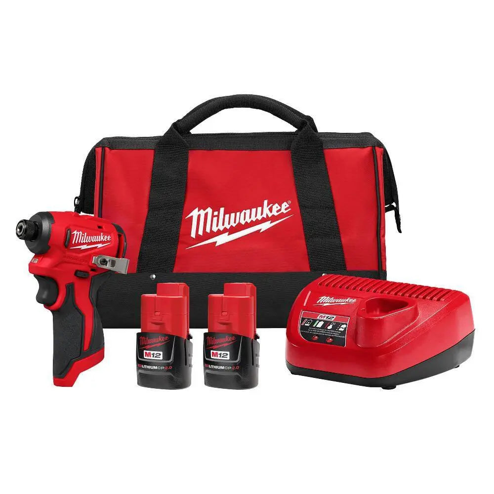 Open Box -  M12 12-Volt Lithium-Ion Compact Brushless Cordless 1/4 in. Impact Driver Kit w (2) 2.0 Ah Batteries, Charger & Tool Bag MilwaukeeBullseye Deals