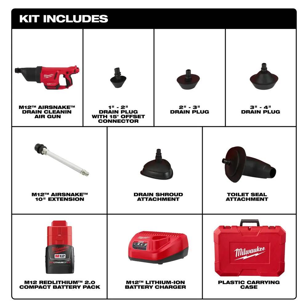 Open Box -  M12 12-Volt Lithium-Ion Cordless Drain Cleaning Airsnake Air Gun Kit MilwaukeeBullseye Deals