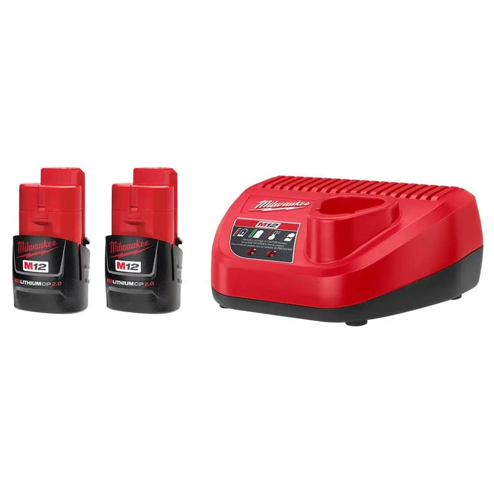 Open Box -  M12 12V Lithium-Ion Compact 2.0 Ah Battery Pack (2-Pack) Starter Kit with Charger MilwaukeeBullseye Deals