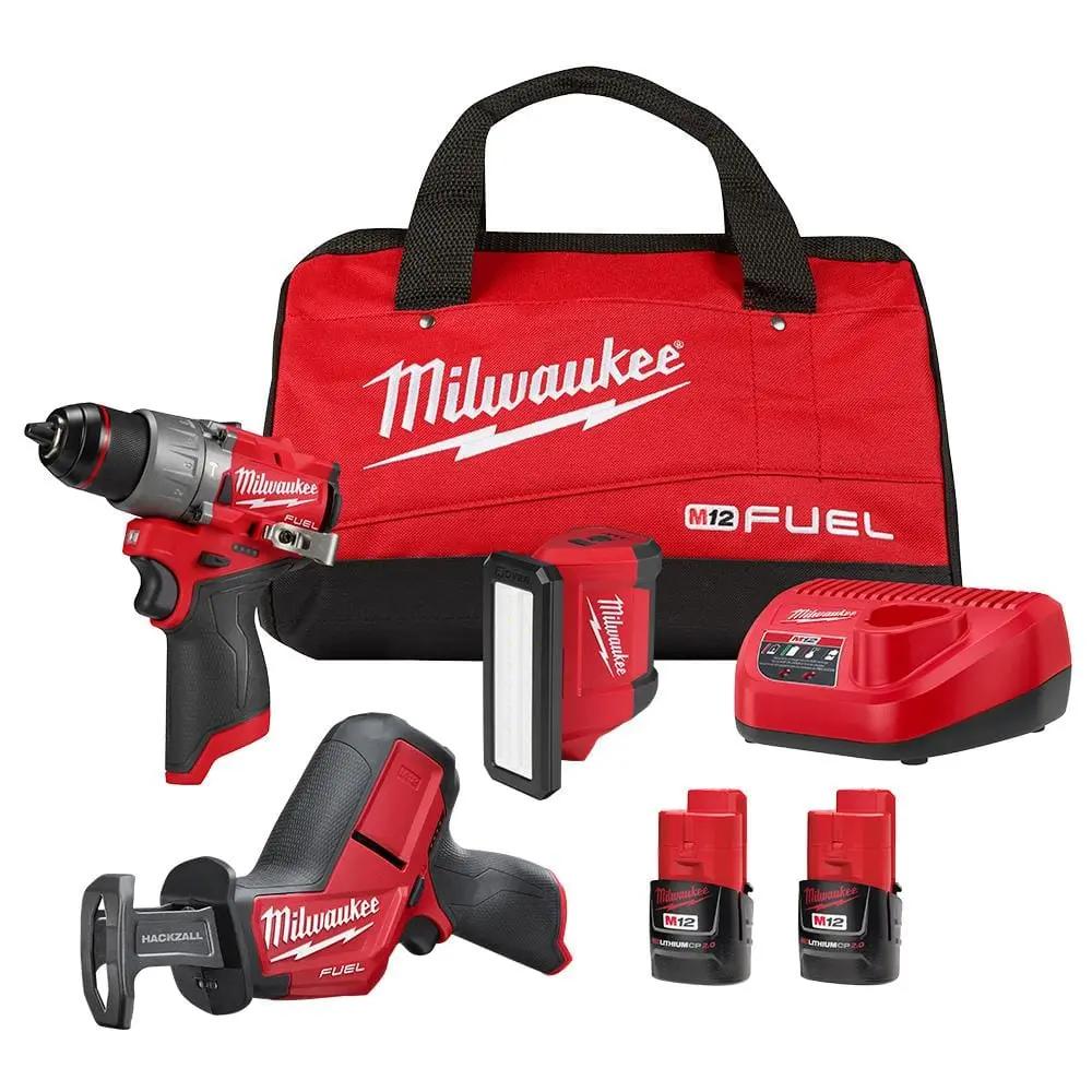 Open Box -  M12 FUEL 12-Volt Li-Ion Brushless Cordless Hammer Drill Combo Kit, Reciprocating Saw, Flood Light w/2 Batteries (3-Tool) MilwaukeeBullseye Deals