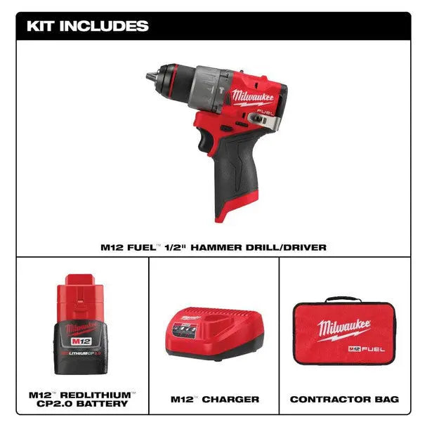 Open Box -  M12 FUEL 12-Volt Lithium-Ion Brushless Cordless 1/2 in. Hammer Drill Kit with 1 Compact 2.0Ah Battery Pack and 1 Charger MilwaukeeBullseye Deals