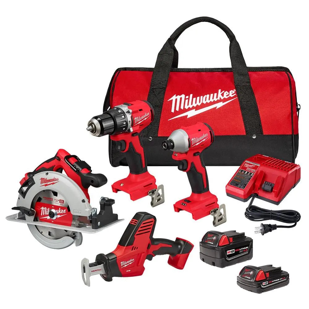 Open Box -  M18 18-Volt Lithium-Ion Brushless Cordless Combo Kit (4-Tool) with 2-Batteries, 1-Charger and Tool Bag MilwaukeeBullseye Deals