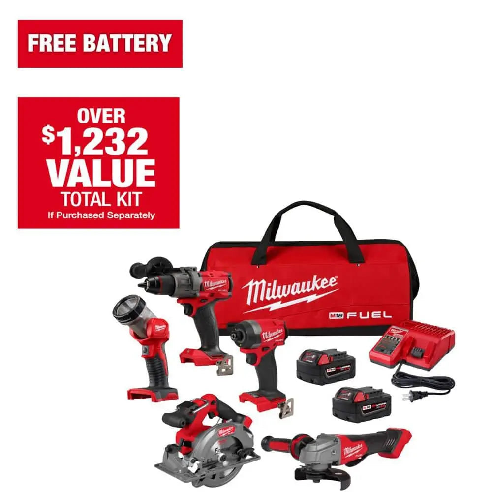 Open Box -  M18 18-Volt Lithium-Ion Brushless Cordless FUEL Combo Kit (5-Tool) with 2-Batteries, 1-Charger, and Tool Bag MilwaukeeBullseye Deals