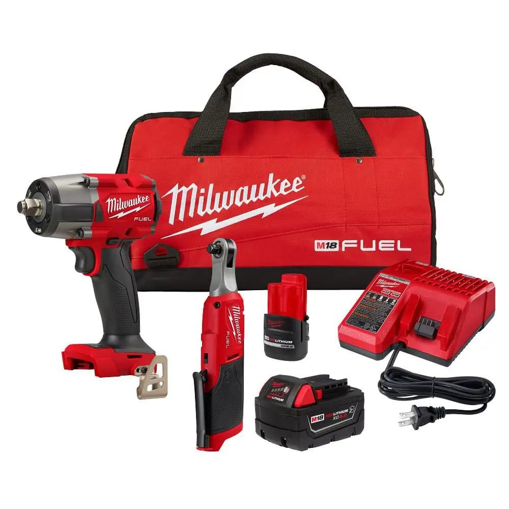 Open Box -  M18 FUEL 18V Cordless Mid Torque 1/2 in. Impact Wrench w/ M12 FUEL 3/8 in. Ratchet & Battery/Charger Combo Kit MilwaukeeBullseye Deals