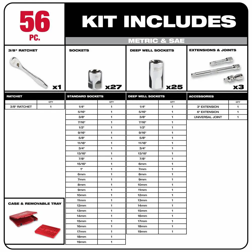 Open Box -  Milwaukee 3/8" Drive SAE/Metric Ratchet and Socket Mechanics Tool Set (56-Piece) MilwaukeeBullseye Deals