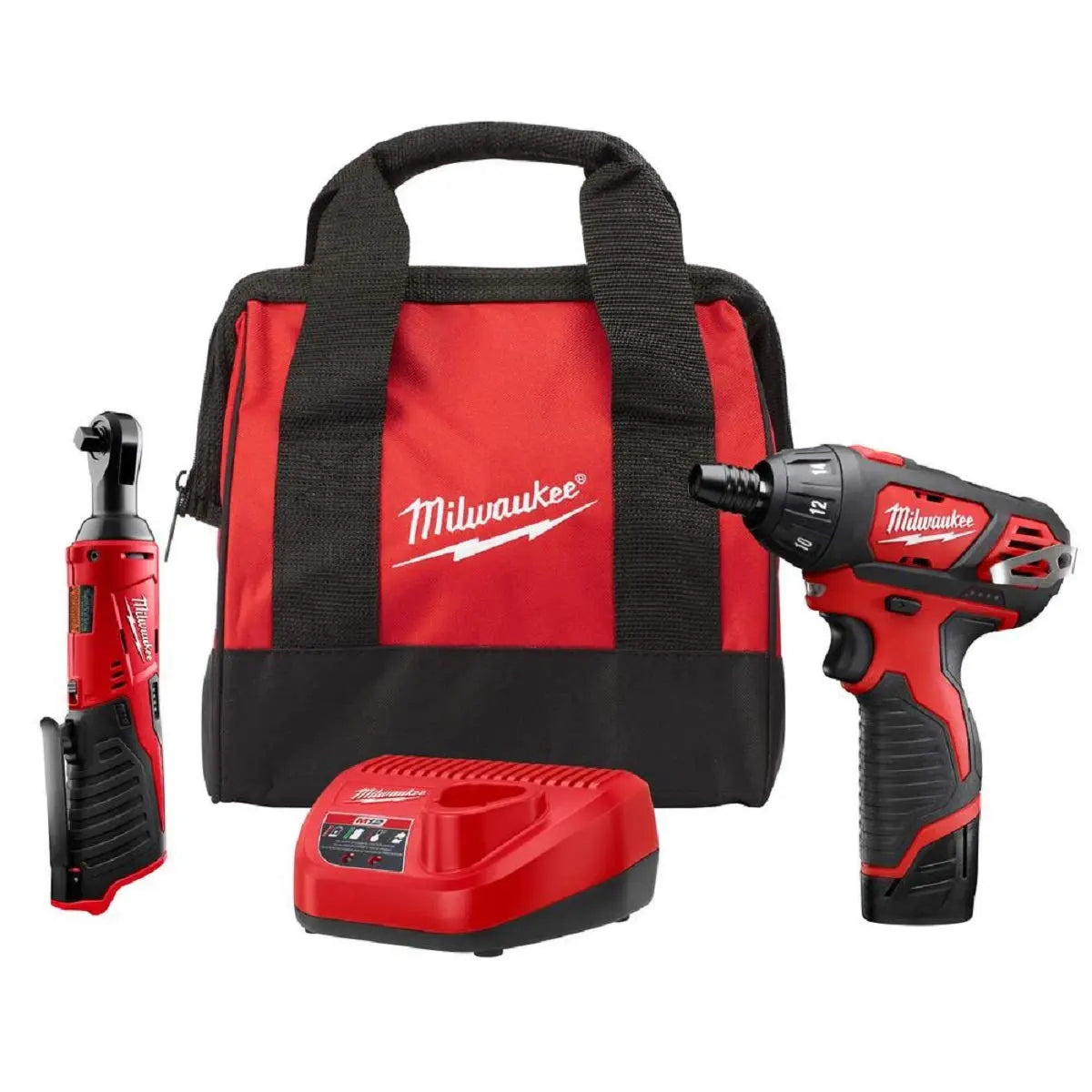 Open Box -  Milwaukee M12 12-Volt Lithium-Ion Cordless 3/8 in. Ratchet and Screwdriver Combo Kit (2-Tool) with Battery, Charger, Tool Bag MilwaukeeBullseye Deals